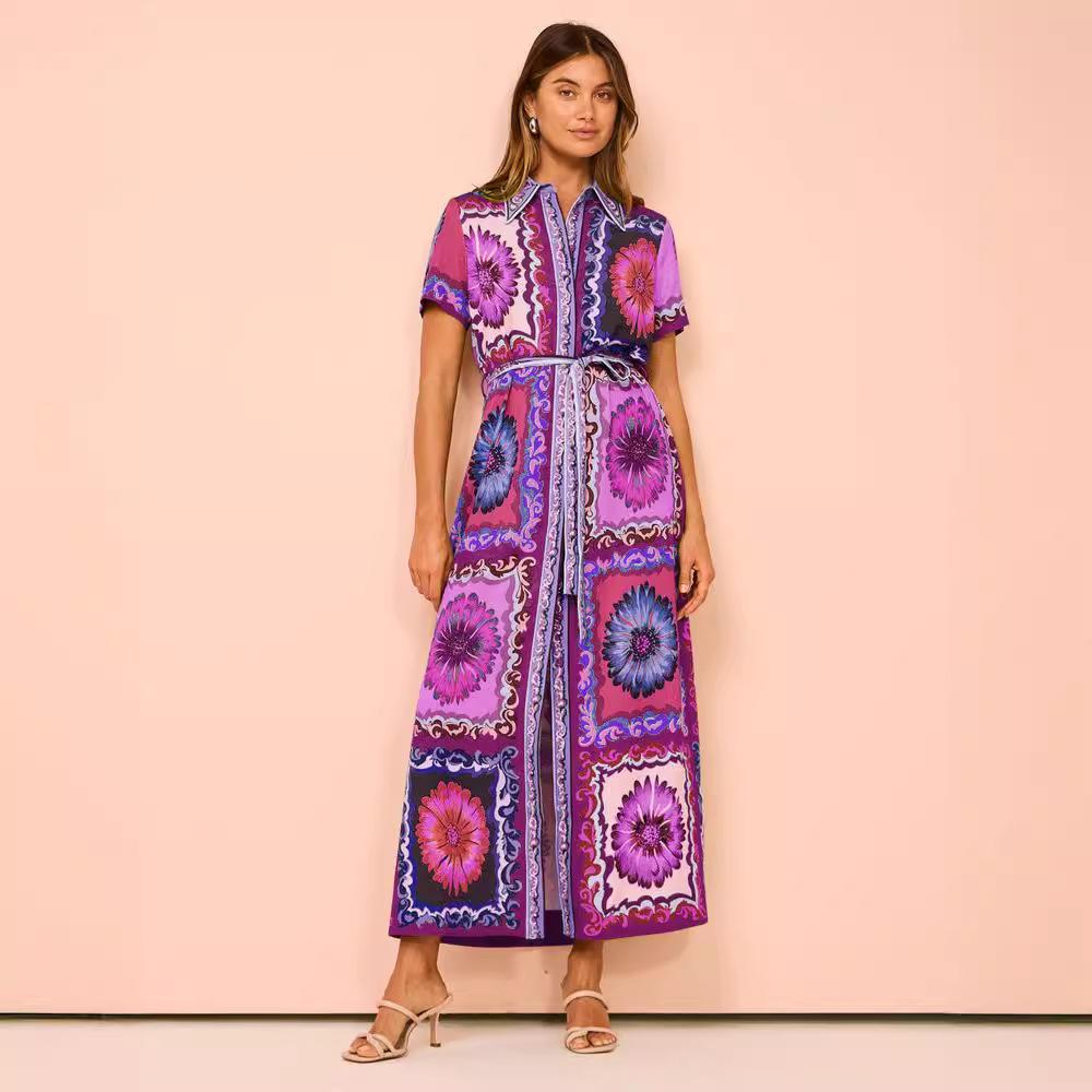 Women's Summer Vacation Style Exaggerated Fashion Printed Lace-up Cardigan Extra Long Dress Women