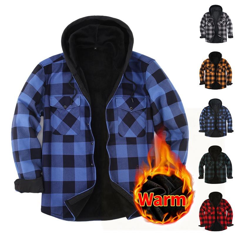 Men's Plaid Flannel Shirt, Long Sleeve Square Collar Button-Up Shirt, Regular Fit Heavyweight Multi-Pocket Winter Shirt