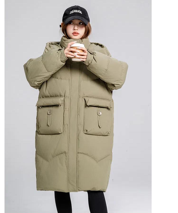 Women's Autumn and Winter Coat Solid Color Stand Collar Hooded Loose Thickened Windproof Mid-length Women's Jacket