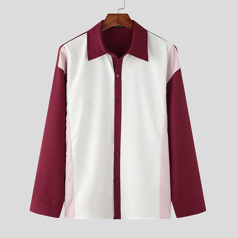 

INCERUN Мужские рубашки свободного покроя с длинным рукавом в стиле пэчворк Повседневные офисные топы 3XL красный