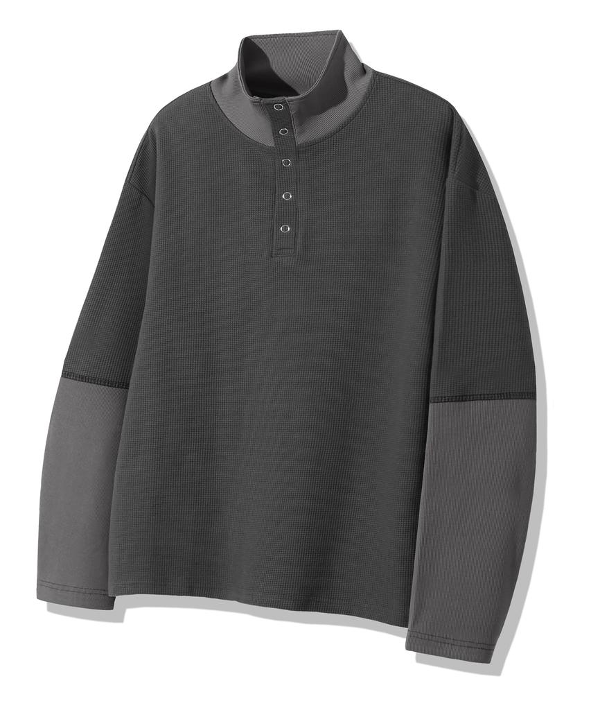 TRILLION Waffle Ring Snap Collar Henley Neck Long Sleeve_Charcoal