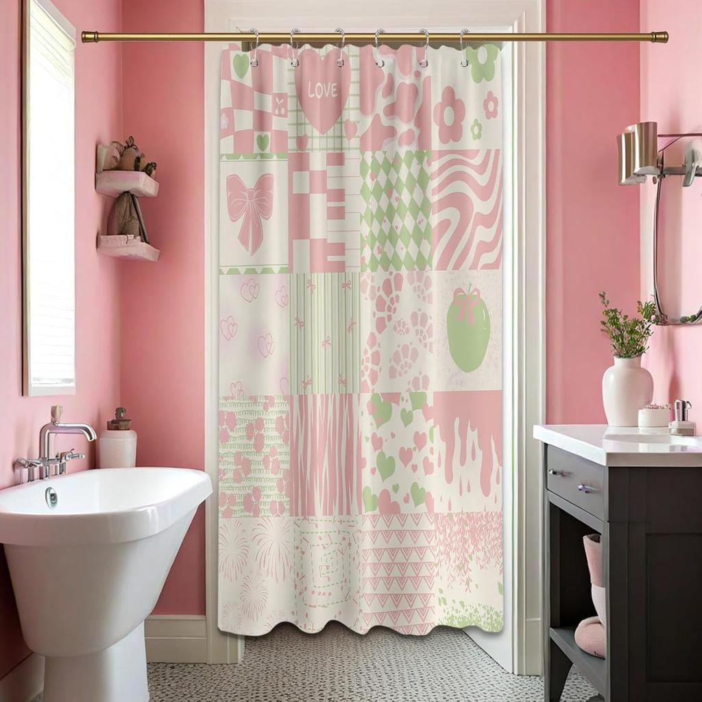 Retro Shower Curtain Cute Pink Y2k Groovy Girls Floral Bathroom Decor, Waterproof Cloth Fabric with Hooks