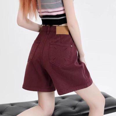Weinrote Damen High-Waist Retro Denim Shorts - Sommer 2024 Slim Wide-Leg Design