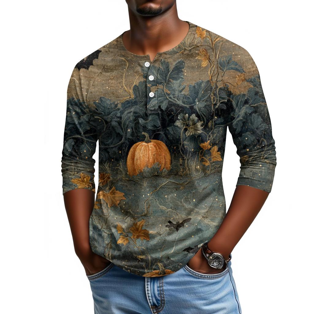 Men's Casual Halloween Print Raglan Sleeve Henley Shirt Three Quarter Sleeve Lightweight Top for Everyday Wear