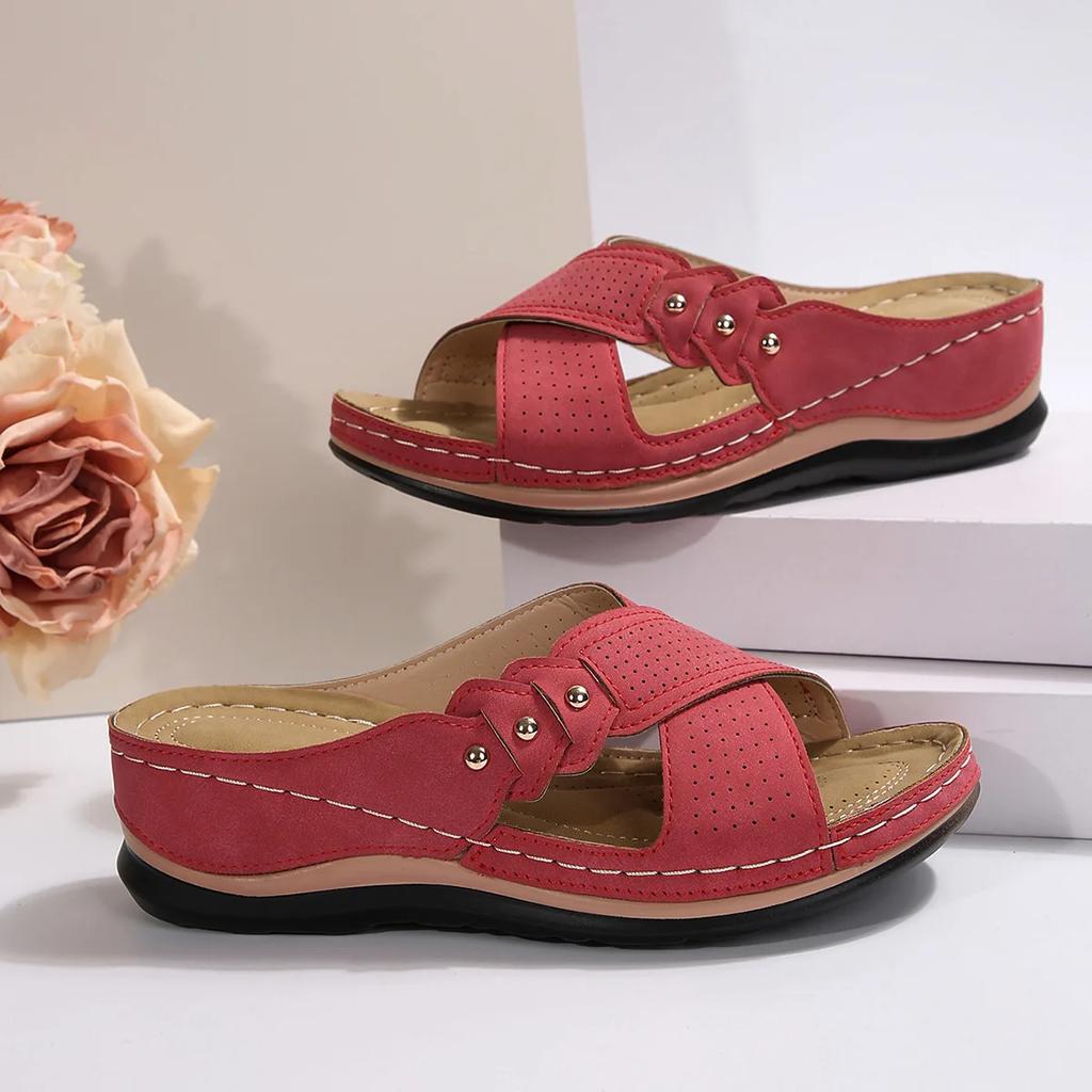 Fashion Vintage Mid Heel Strappy Back Open Toe Slide Sandals - Soft Faux Leather Upper Comfy PU Sole Comfortable Shoes for Women