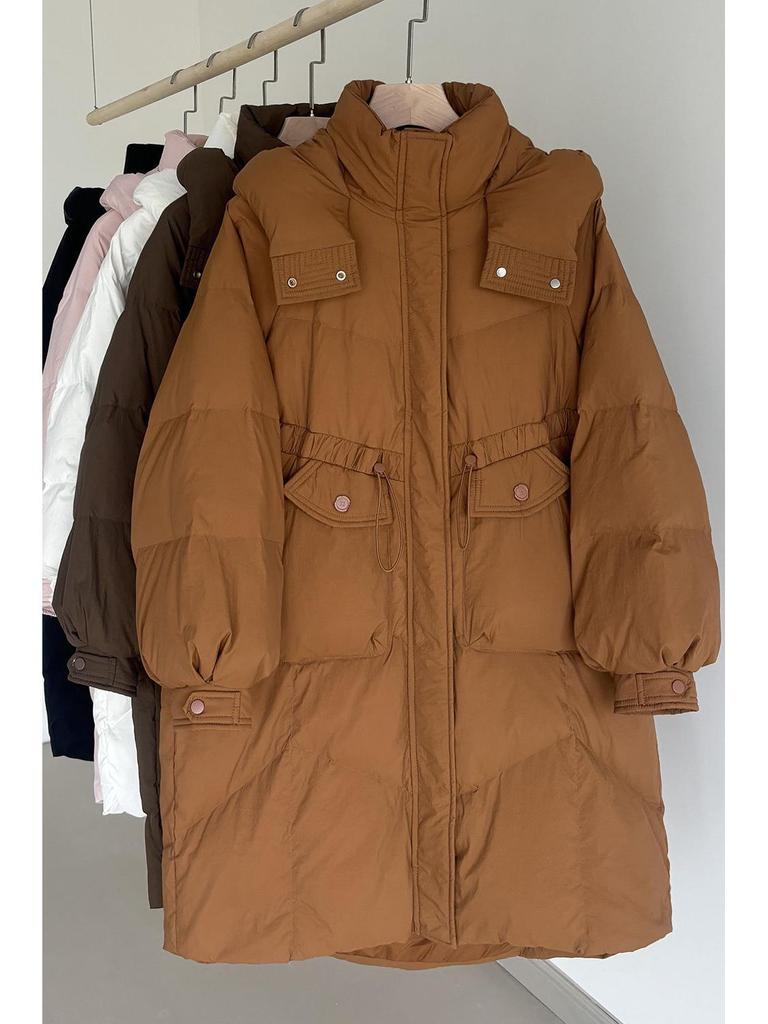 High-End Damen Kapuzen-Langdaunenjacke - Koreanischer Stil, Dick, Oversized, Tailliert, Überknie-Mantel mit Weißenten-Daunen.