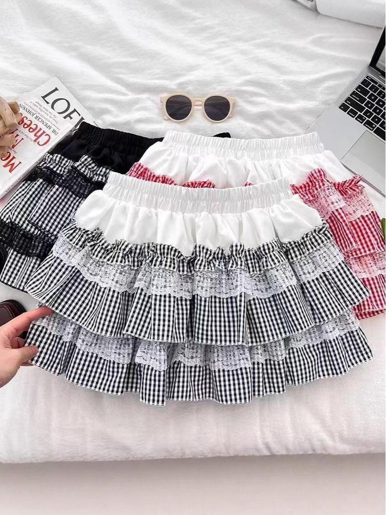 Petite Lace Patchwork Plaid Puff A-line Mini Skirt for Spring/Summer