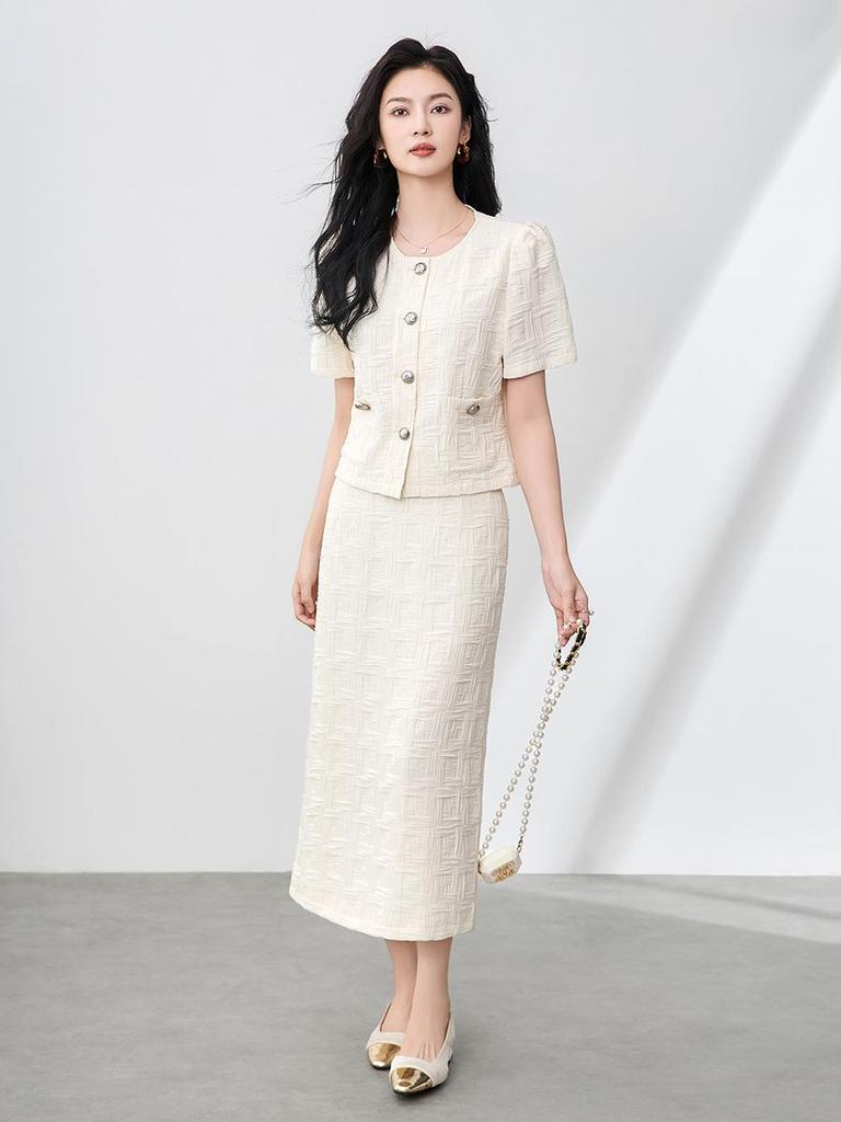 Stilvolles Sommer Kurzarm Top & Texturiertes Bodycon Midi Rock Set für Damen