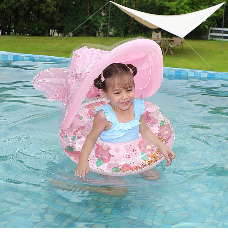 Internet Famous Cartoon Kids Swim Seat Ring Anti Rollover Thickened PVC Inflatable with Canopy Pocket for Water Entertainment