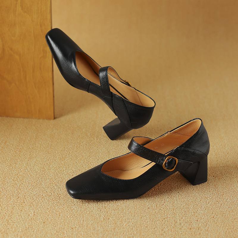 Krazing Pot Sheep Skin Square Toe Chunky High Heels Spring Summer Mary Janes Shoes Vintage Plus Size 42 Women Pumps