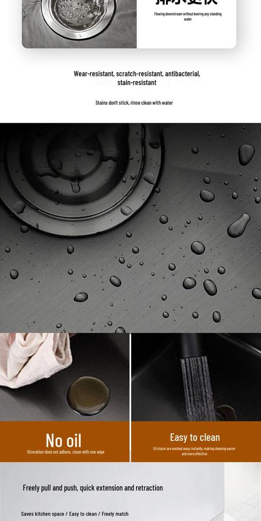 Stainless Steel Black Nano Large Single Bowl Kitchen Sink for Vegetables, Dishwashing, and Handwashing, Thickened Handmade Design