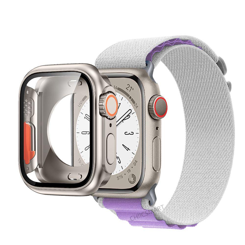 Correa de nailon con cubierta de vidrio para Apple Watch, carcasa de 44mm, 45mm, 40mm y 41mm, Protector de pantalla con correa, IWatch Series 56 Se 7 8, giro a Ultra
