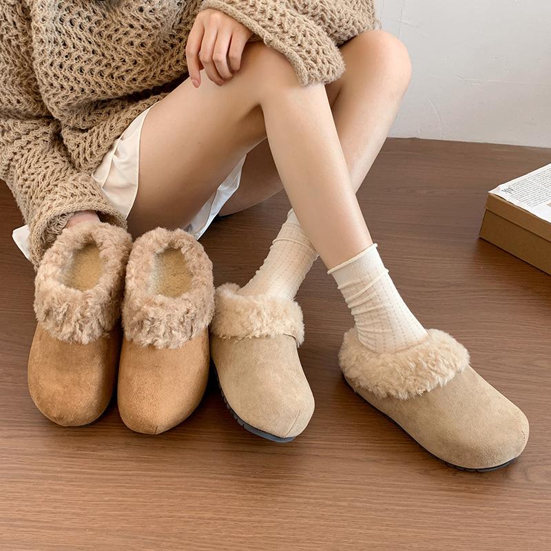 Retro, fashionable and versatile thick-bottomed fluffy slippers for women's autumn and winter wear, piled warm and comfortable Birkenstock cotton