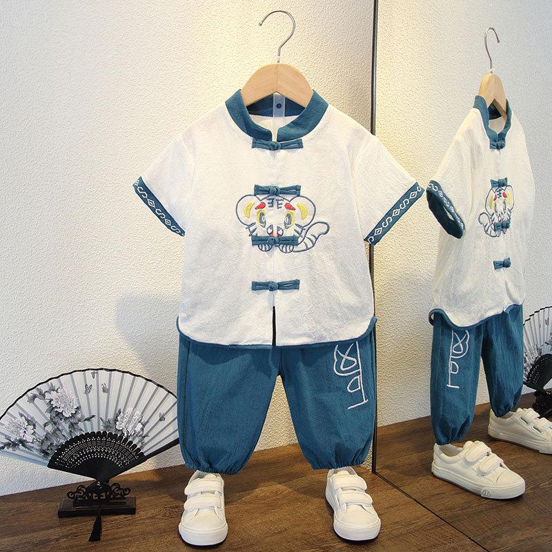 

Детский летний костюм в китайском стиле для мальчиков с короткими рукавами, модный ханбок из тонкого хлопка и льна, комплект из двух предметов 140