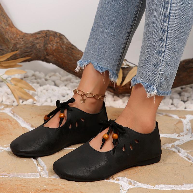 Women's French Vintage Beaded Lace-Up Flats - Hollow Out Design Soft Leather Slip-Ons for Spring/Fall, Delicate Comfort Shoes