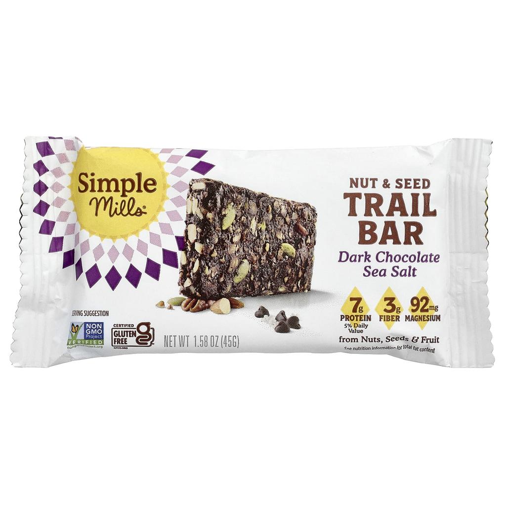 Simple Mills Nuts & Seed Trail Bars, Dark Chocolate Sea Salt, 5 Bars, 45g Each (1.58oz)