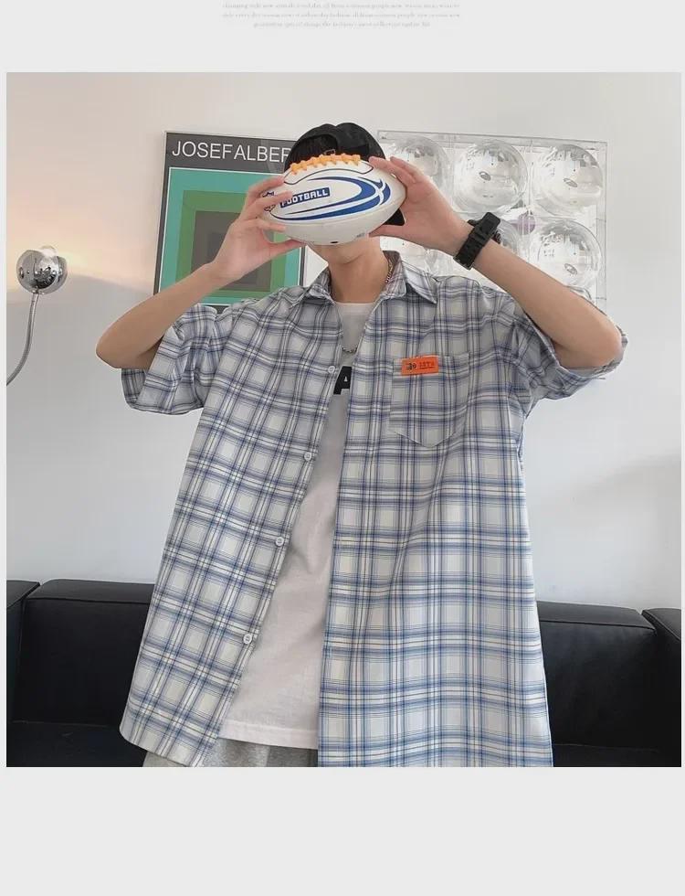 Herrskjorta Retro Gul Rutig Smal Passform Kortärmad - College Stil, Japansk-inspirerad