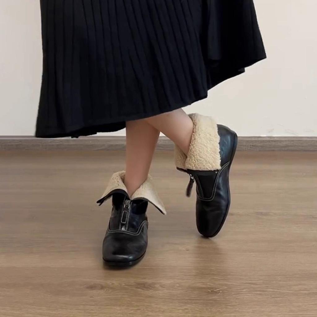 British Style Retro Square Toe Short Boots for Women 2026 New Style with Plush Warm Front Zipper Fashionable Boots