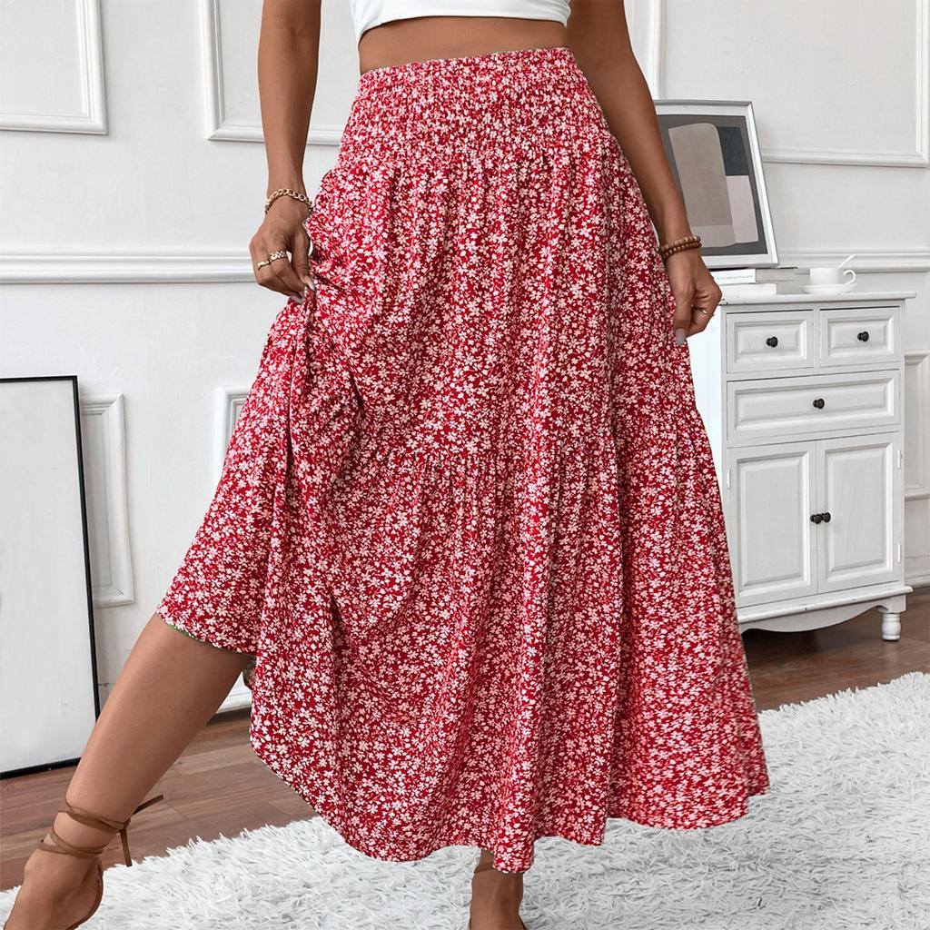 Women's Fashion Pleated Floral Print Elastic Waist Loose Splicing A Line Skirt