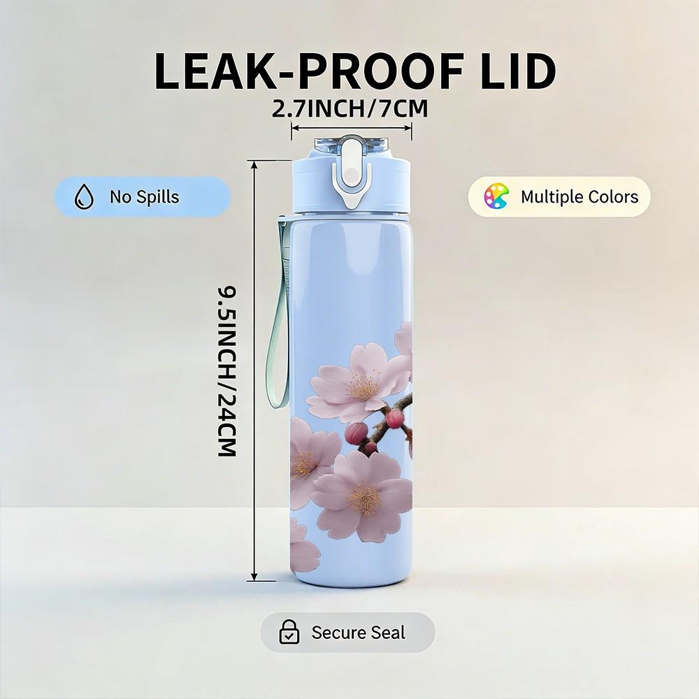1PC Cherry Blossom Twig Floral Layout 750ml Color Plastic Sports Water Bottle Leakproof Flip Straw Lid For Sports Office Home Use