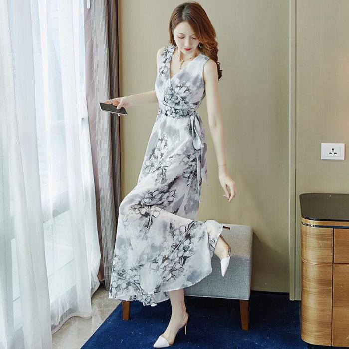 

YYFS женская мода лето весна цветочный узор принт без рукавов v-образным вырезом с высокой талией повседневные платья XL