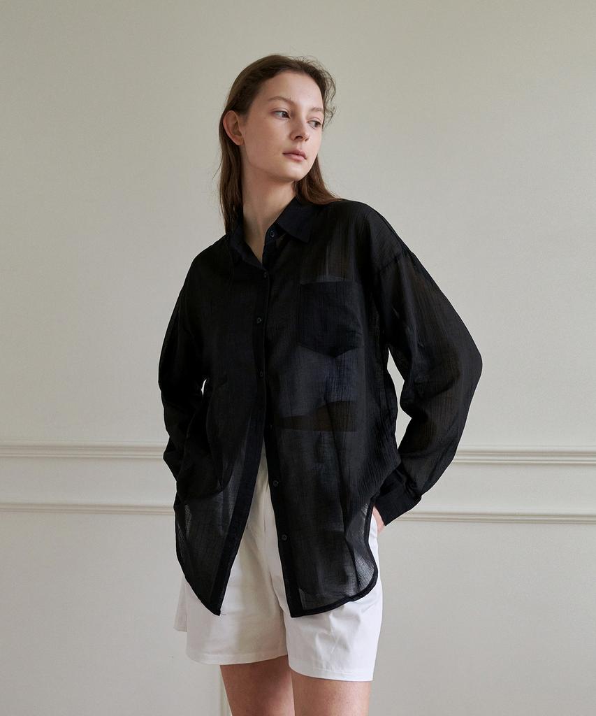 LOEIL Soft See-Through Loose Fit Blouse - Black