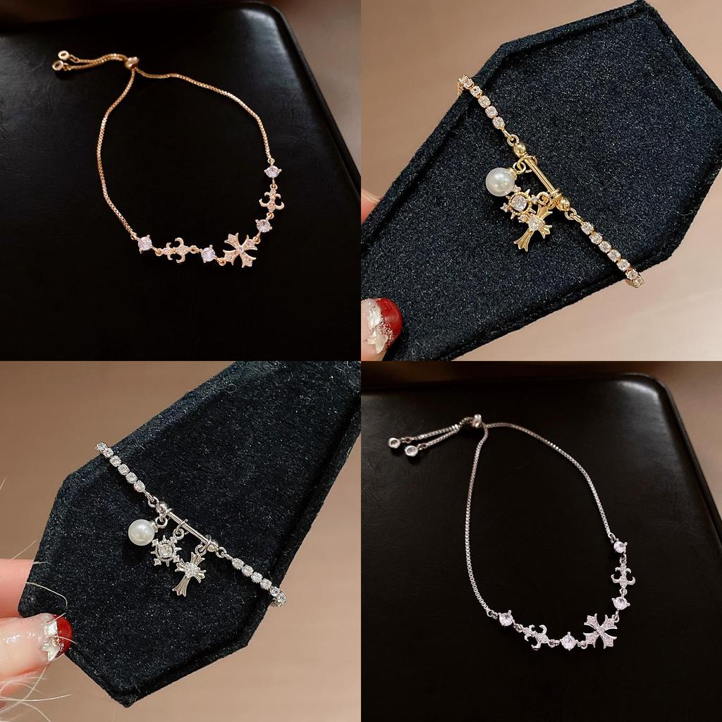 Pulseira Ajustável com Pingente de Cruz para Mulheres com Enfeites de Zircônia Joia da Moda Tendência Presente