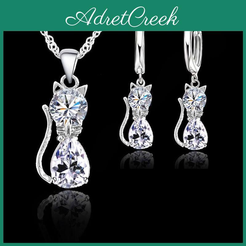 Real Sterling Color 925 Silver Jewelry Sets For Woman Girls Shining Austrian Crystal Cute Cat Pendant Necklace Huggie Earring