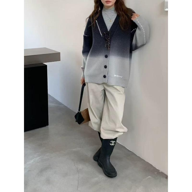 Versatile gradual change knitted cardigan autumn and winter new loose casual lazy wind sweater jacket women