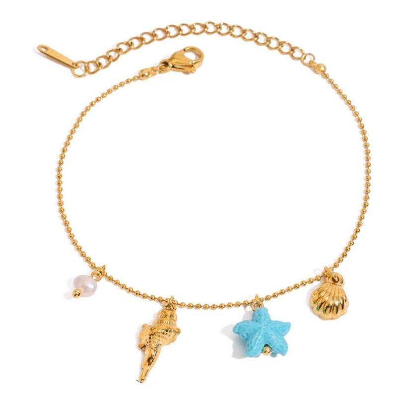 

Simple Stylish Starfish Conch Ribbed Shell Pendant Bracelet Stainless Steel Chain Jewelry Bangle For Casual Wear