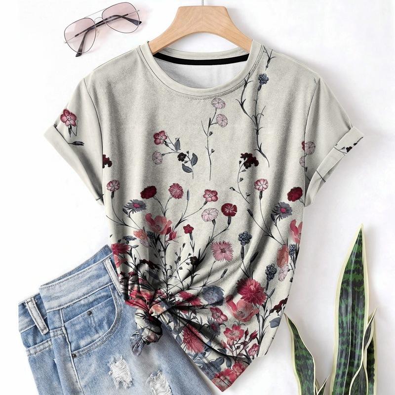 Fashion Women's Crew Neck Short Sleeve 3D Floral Color Printing Floral Short Sleeve Crew Neck T-Shirt