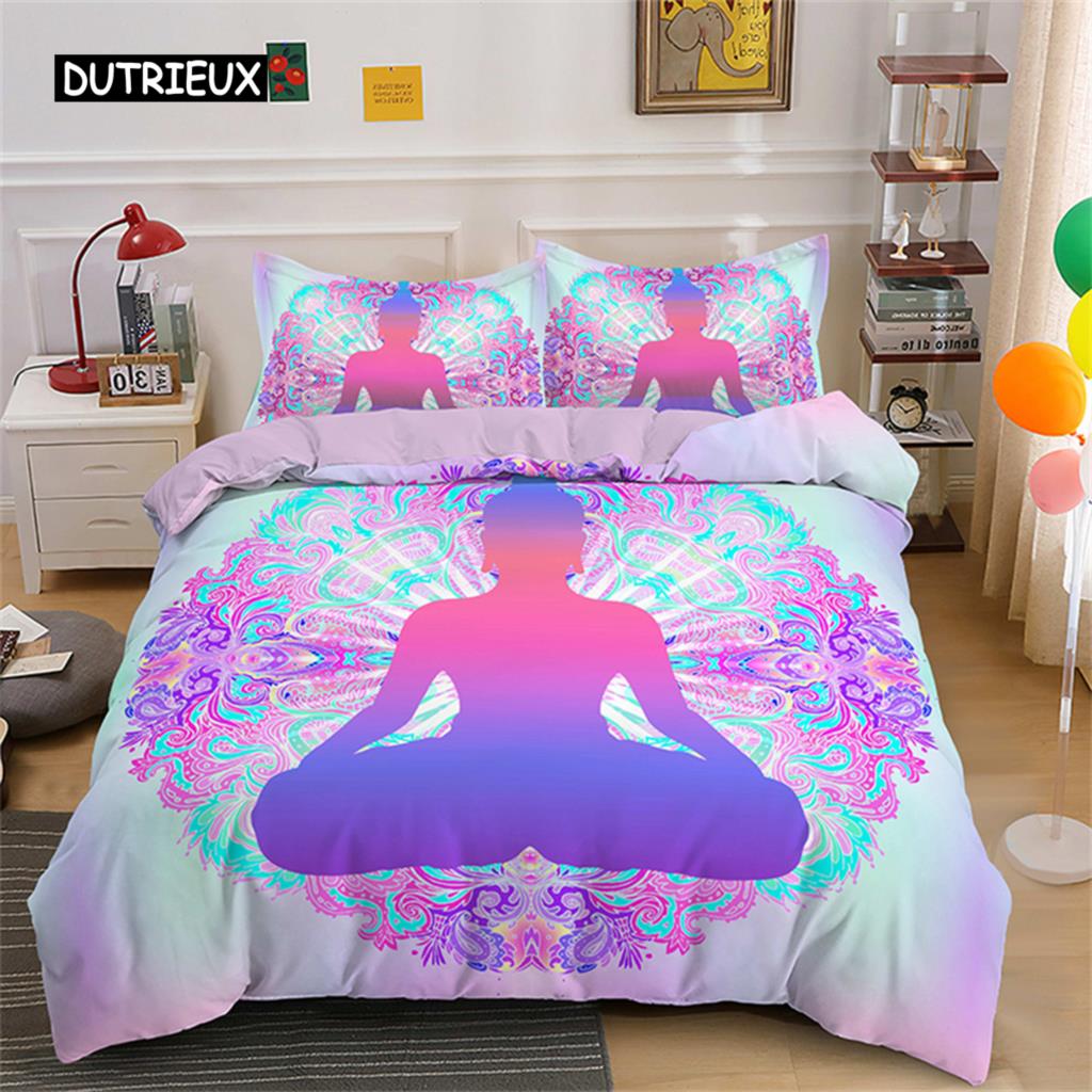 Gold Meditation Bedding Sets Comforter Covers Yoga Buddha Duvet Cover Set with Pillowcase Mystery Theme for Bedroom Decoration