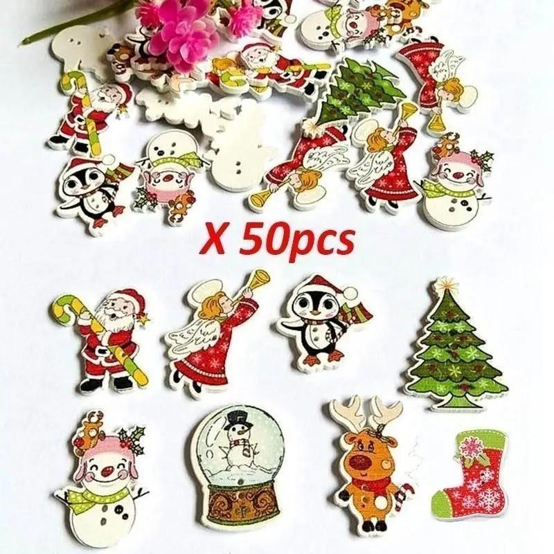 50Pcs/Bag 2-Holes Mix Christmas Star Candles Santa Sock Wood Christmas Decorative Buttons Scrapbooking Craft Sewing Materials
