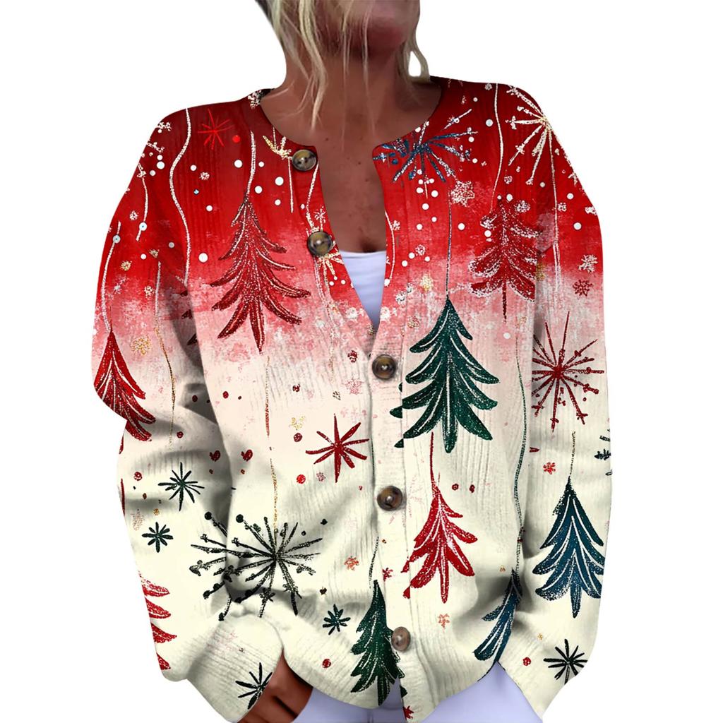 Women's Fashion Christmas Printed Long Sleeve Knitted Cardigan Button Down Jacket
