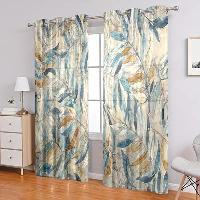 2 Pieces, Retro Art Plant Leaf Pattern Semi Blackout Curtains - Perforated Processing - Living Room, Bedroom, Home Decoration