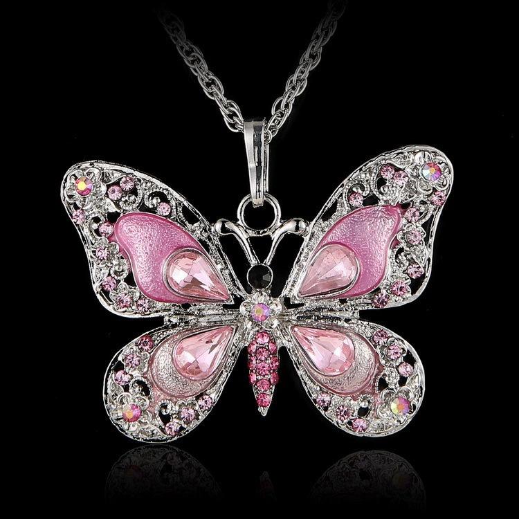 Vintage Enamel Butterfly Pendant Necklace Crystal Rhinestone Colorful Jewelry for Women
