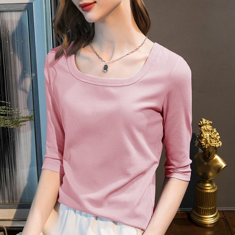 

New medium-sleeved t-shirt slim-fit five-quarter-sleeved collar design sense with knitted bottoming shirt top M розовый