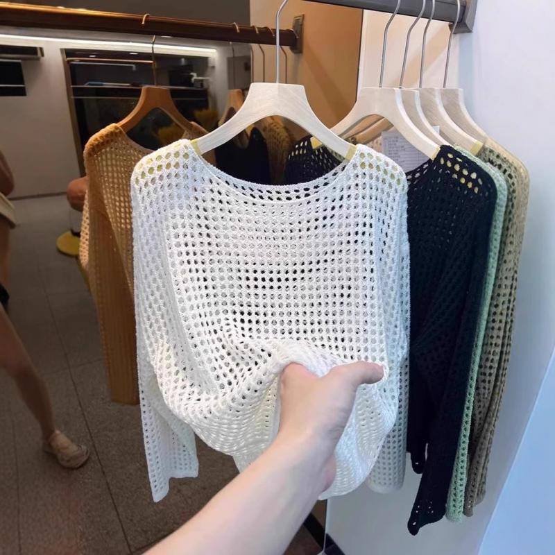 Mesh Vintage Harajuku Long Sleeve Women Sweater Korean Spring Summer Knitwear Soft Thin Tops Chic Solid Femme Sweater