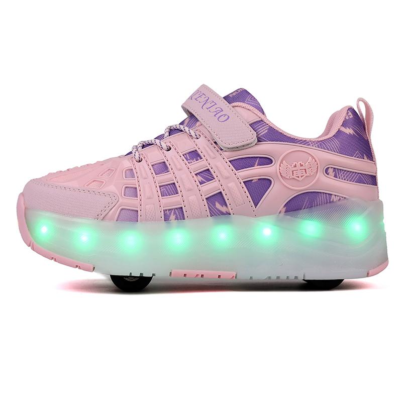 

Kids Four-wheel Detachable Flat Sports Shoes Rechargeable LED Luminous Sports Shoes Four-wheel Roller Skates Shoes 40 розовый/фиолетовый