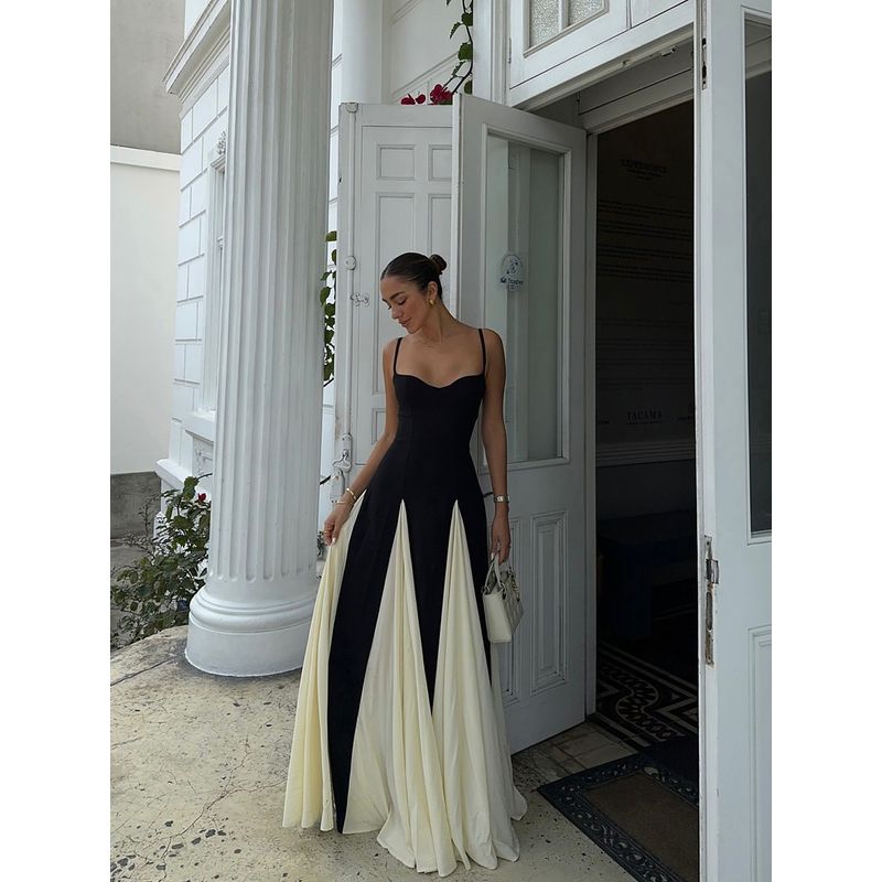 Night and France French Style Sexy Style Black and White Color Matching Sling Dress Slim Fit Slimming Formal Dress Mopping Floor Long Dress