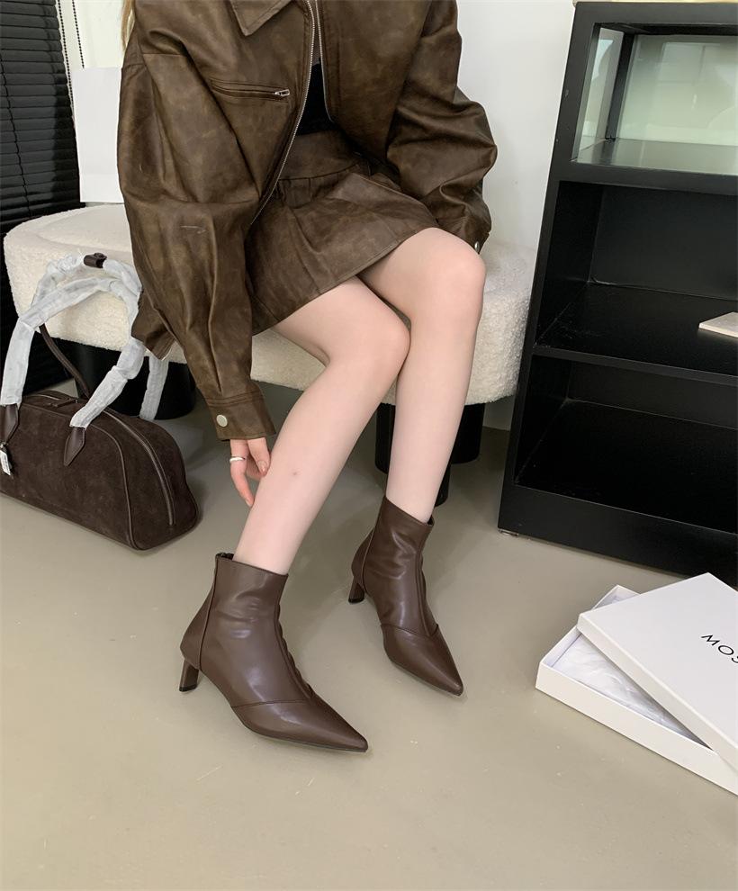 

[sheii Su Yinyin] Big female lead~ pointed elastic lambskin side zipper thin high-heeled short boots women s thin boots 39 коричневый