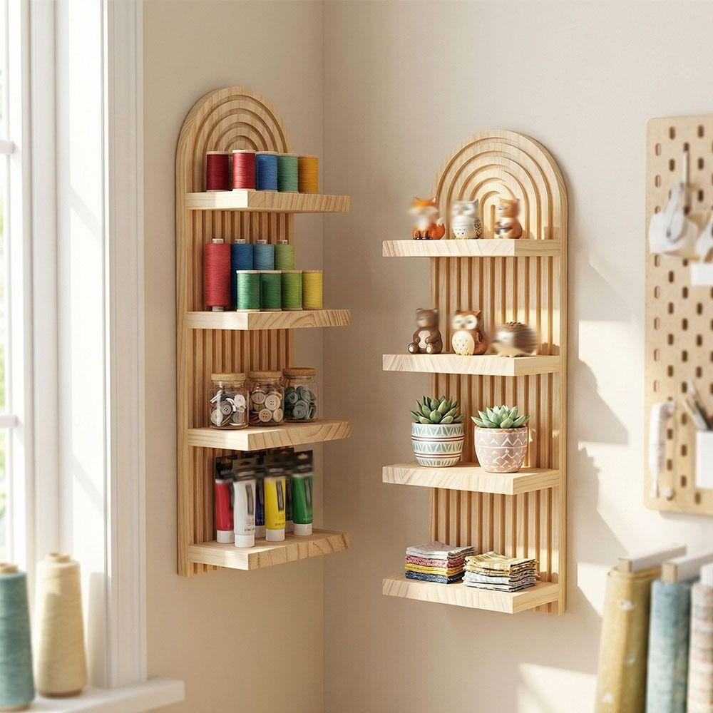 Minimalist Wooden Wall Shelves 4-Tier Design Boho Style Rack Wall Mounted Shelf  Wall Decoration