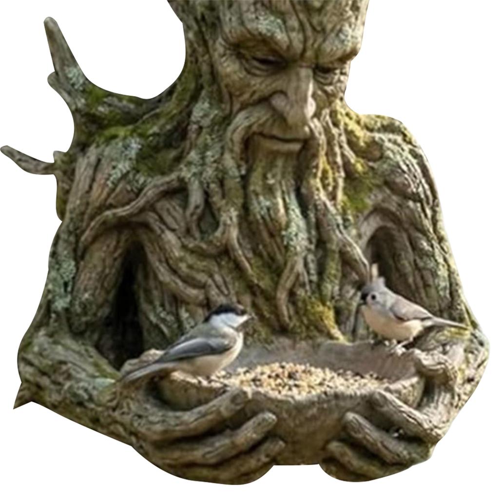 Bird Feeding Sculpture Multi-Purpose Ancient Tree Bird Feeder Resin Birds Feeding Station for Patio/Yard/Garden/Backyard/Balcony