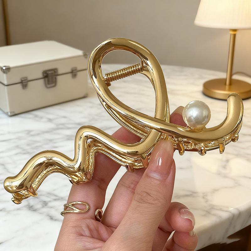 Elegant High-Quality Pearl Wave Claw Clip - Large Size for Thick Hair золотой