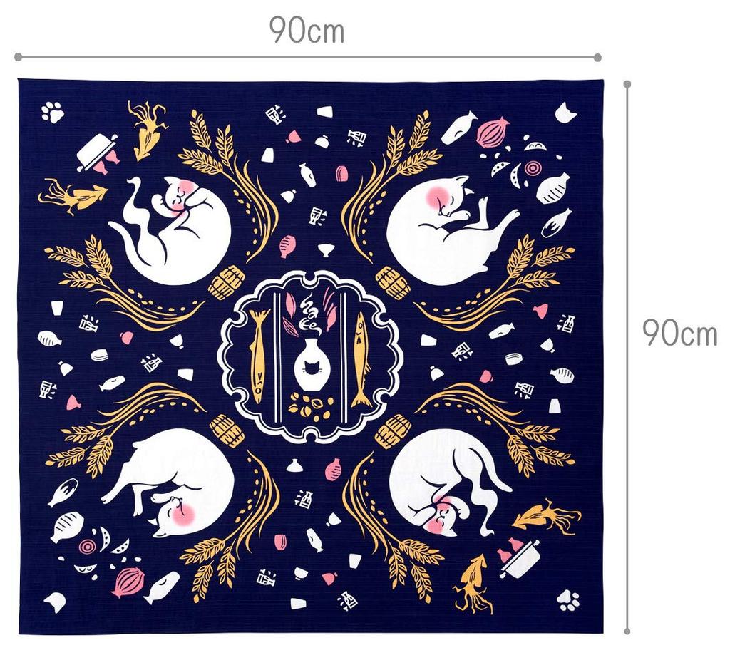 Miyamoto Made in Large Furoshiki 24cm Japanese Drunken 66687 Kenema, Japan, (Wrapping Cloth), Wide, Hand-Printed Pattern, Cat, 90x90cm,
