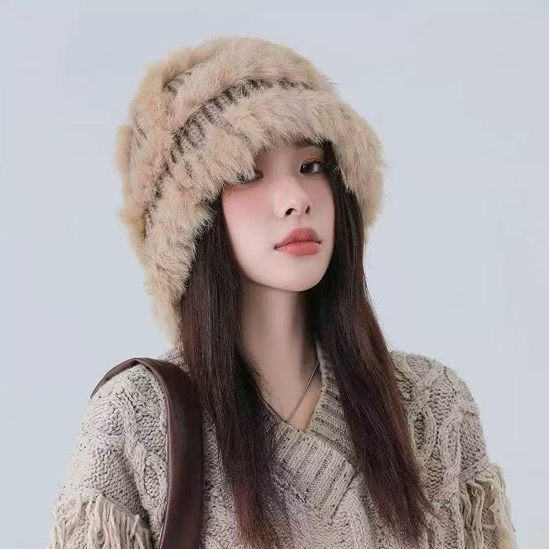 Winter Cute Fluffy Rabbit Fur Blend Bucket Hat For Big Face