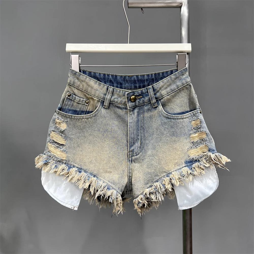 2026 Women's High-Waisted White Denim Fringed Shorts: Stylish A-line Summer Hot Pants