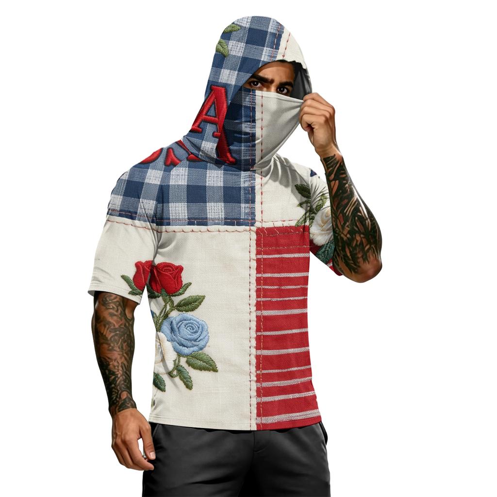 Men's Summer Independence Day Color Block Quick Dry Short Sleeve Tee, UPF 0+ UV Block Fishing & Sports Sun Hoodie