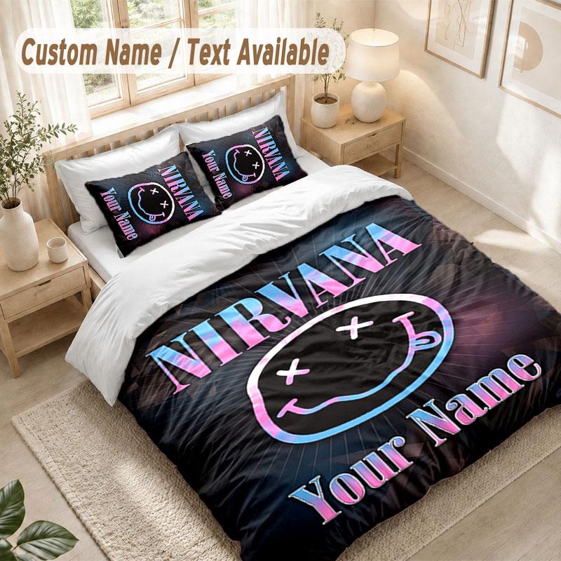 Custom Name Bedding Set 3 PiecesNirvana Print Duvet Cover + 2 Pillowcases Soft Bed Decor