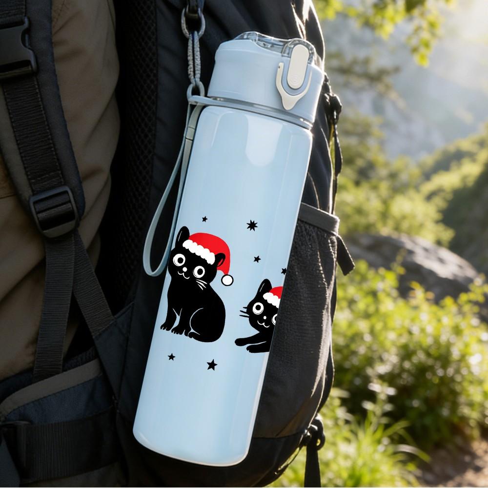 1PC Four Santa Black Cat Cartoon 750ml Color Plastic Sports Water Bottle Leakproof Flip Straw Lid Suitable for Sports Office Home Use